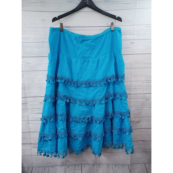 Tunique Aqua Turquoise Maxi Skirt Tiered  Womens Sz XL Lace Flare - Picture 1 of 9